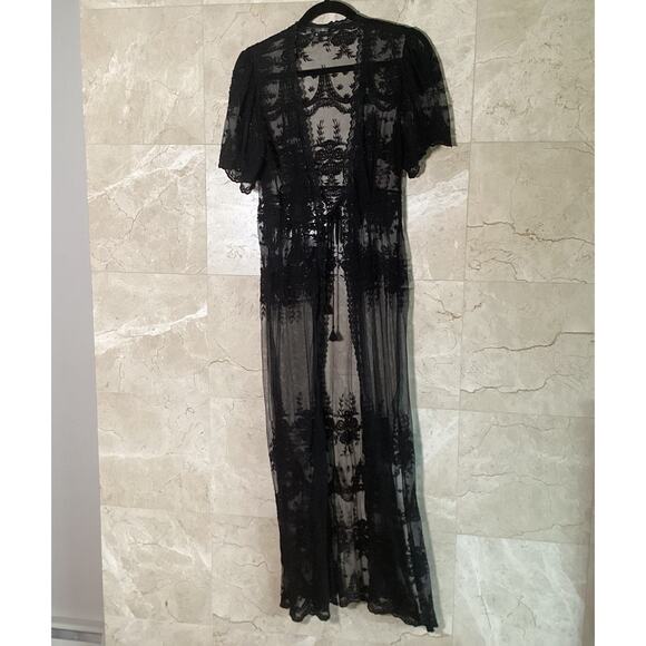 Aqua Maxi Duster Kimono Topper Small Black Lace Sheer Stevie Boho 90s Whimsigoth - Picture 1 of 10
